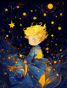 夜晚在星空下金发可爱的卡通小男孩背景图片