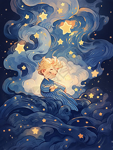 小王子素材睡在云朵上的可爱卡通小男孩插画