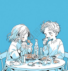 蓝色背景正在吃饭的卡通男孩女孩背景图片