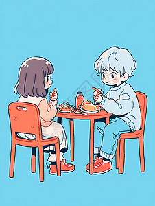 坐在餐桌旁认真吃饭的卡通男孩女孩背景图片