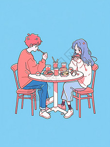 在餐桌上认真吃饭的卡通情侣背景图片