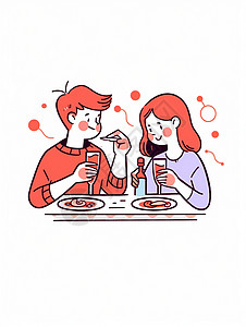 甜蜜的卡通情侣正在吃饭背景图片