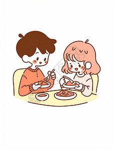 在前面吃饭在黄色桌子上吃饭的卡通情侣插画