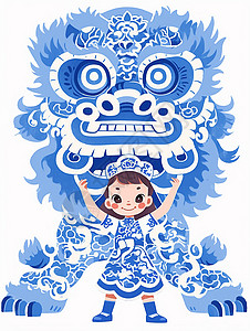 传统习俗舞狮蓝色调卡通插画背景图片