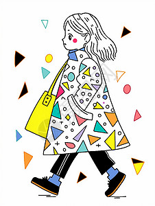 包角线条素材背着黄色包穿着几何化外套走路的卡通小女孩插画