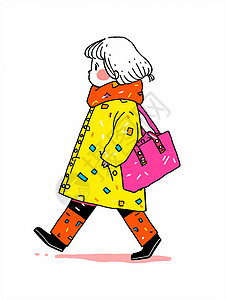 背着玫红色包穿着黄色外套悠闲走路的卡通小女孩背景图片