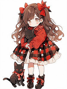 戴着红色蝴蝶结发饰的长发可爱卡通小女孩与黑色宠物猫插画