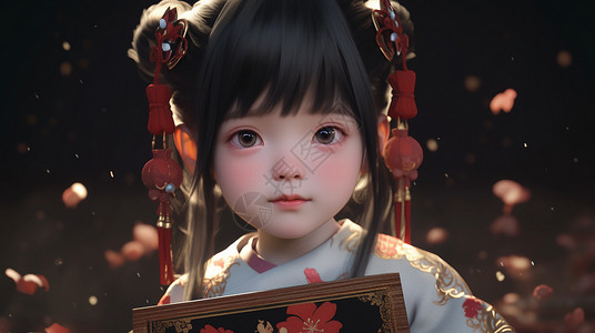 春节饰品戴着红灯笼饰品的漂亮卡通小女孩插画