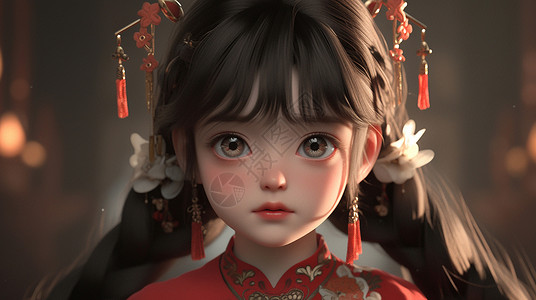 春节服装穿着红色古风服装漂亮的卡通女孩插画
