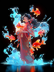 盒鱼古风装扮穿着红色长袍的卡通女孩鱼锦鲤插画