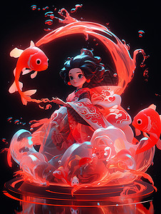 盒鱼穿着喜庆的古风装扮卡通女孩与两条红色锦鲤插画
