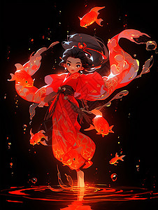在水中开心跳舞穿着红色长衣的古风装扮卡通女孩背景图片