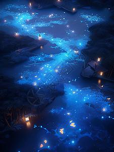夜晚冰冻的蓝色调卡通小河背景图片