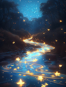 夜晚深山中有很多发光小星星的卡通小河高清图片