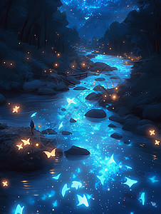 闪着蓝色星光的梦幻唯美卡通小溪背景图片
