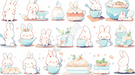 可爱的卡通小白兔与美味的蛋糕表情包背景图片