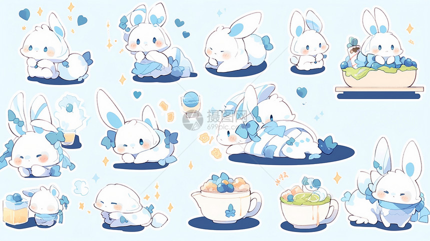 蓝色调可爱的卡通小白兔各种动作与表情图片