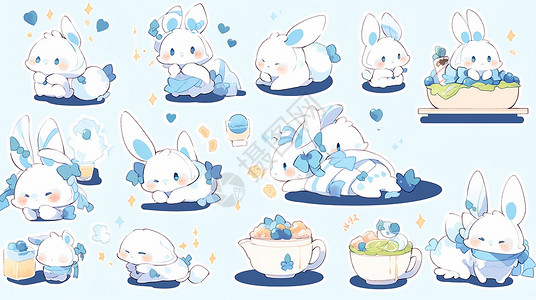 蓝短裤兔子蓝色调可爱的卡通小白兔各种动作与表情插画
