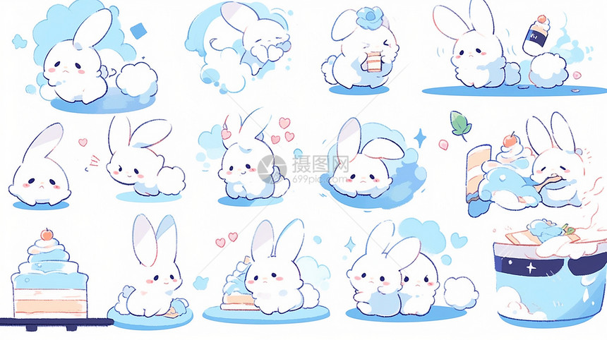 可爱卡通小白兔各种动作蓝色调图片