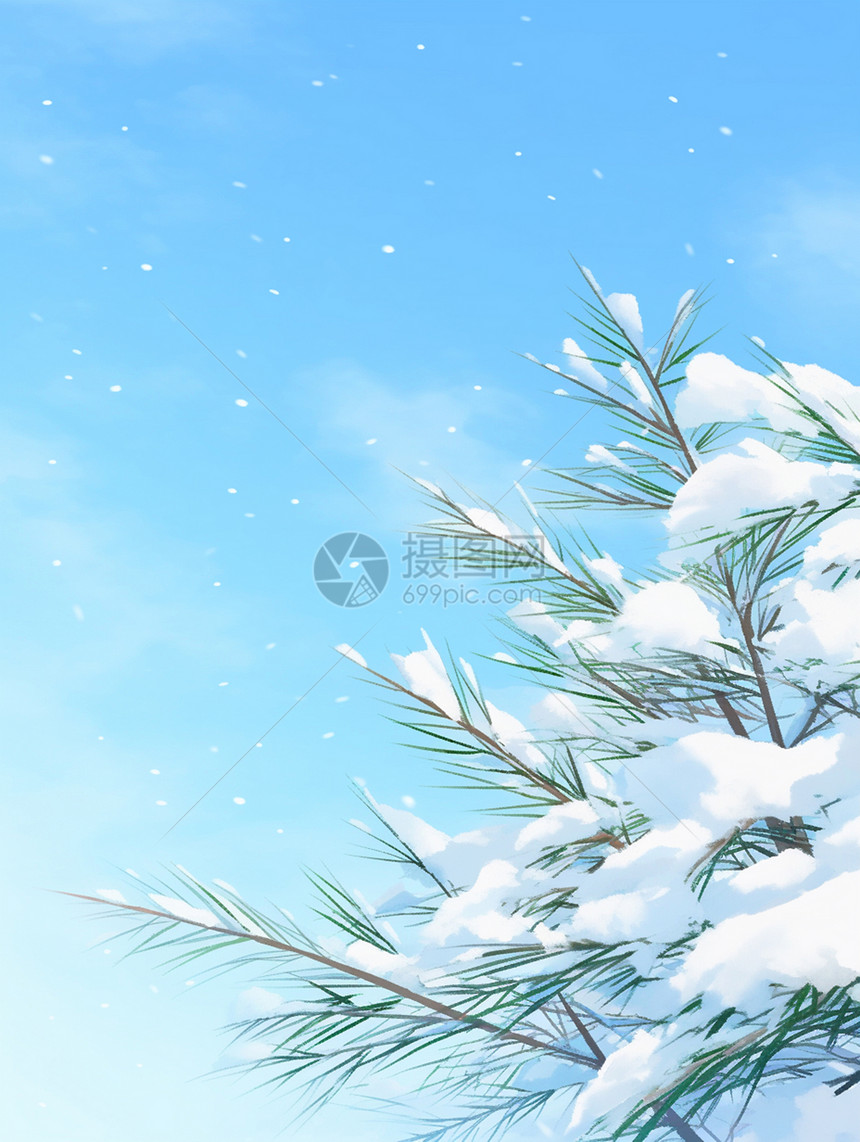 冬天雪中落满雪的卡通松树枝图片