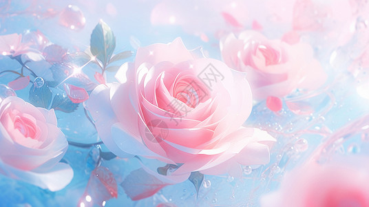 玫瑰花粉水灵灵梦幻唯美的卡通粉色调玫瑰花插画