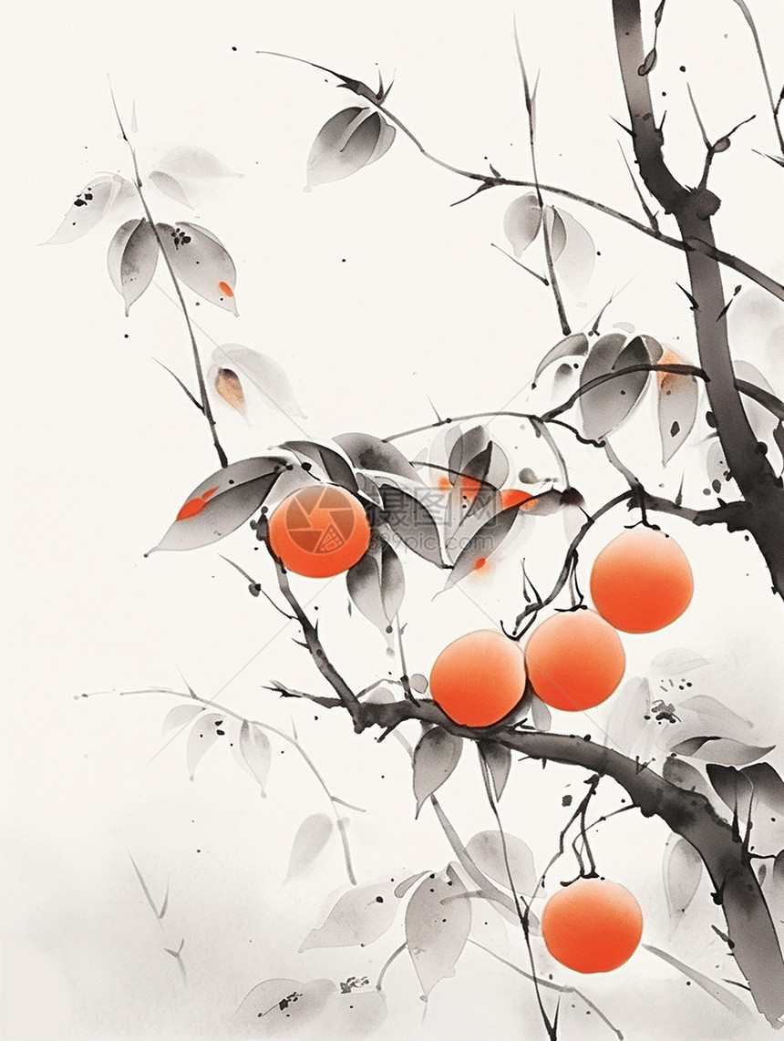 结满橙色果实的卡通水墨风树图片