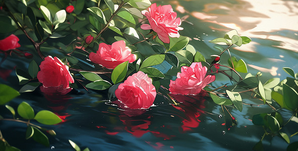 水中几朵漂亮的卡通红色玫瑰花背景图片