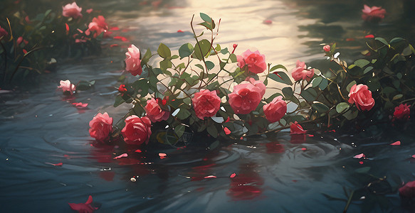 在河中一簇美丽的卡通玫瑰花背景图片