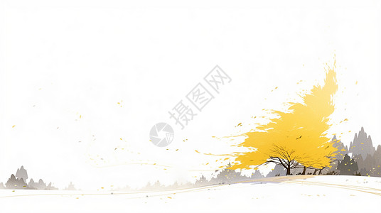 黄色树底纹缓缓的山坡上一棵黄色的卡通树唯美卡通风景插画