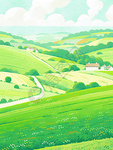 春天绿色美丽的卡通小山村背景图片