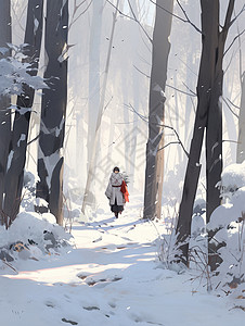 卡通人物行走冬天雪后在森林中小路行走的卡通人物插画