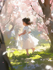 穿着白色裙子奔跑在草地上的卡通小女孩背景图片