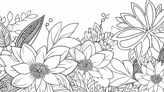 植物黑白盛开的漂亮卡通花朵黑白线稿插画