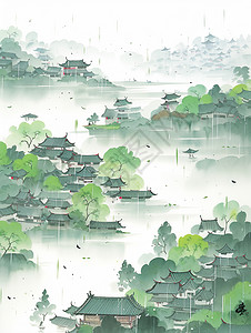 村庄水墨画雨中春天美丽的古风卡通小村庄风景插画