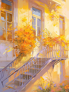 欧式楼梯暖色调有外置楼梯的黄色调卡通复古房子插画