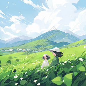 春天在小山坡上的两个可爱的卡通小女孩背景图片