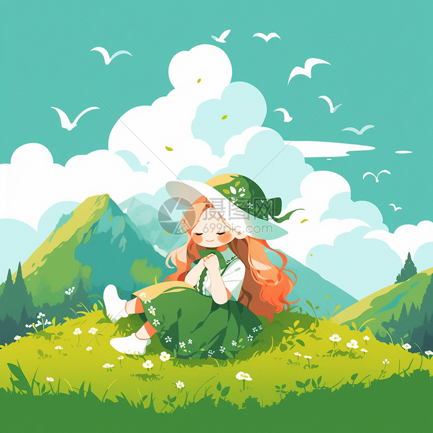 橙色长发坐在山上可爱的卡通小女孩图片
