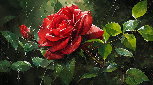 盛开的红色卡通玫瑰花在雨中背景图片