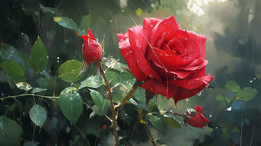 大雨中美丽的卡通玫瑰花背景图片