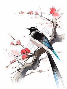 在开红色小花的树枝上一只可爱的卡通小鸟背景图片