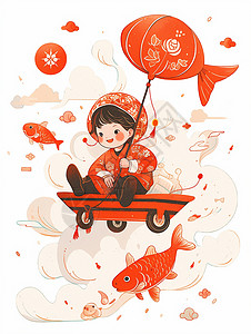 在车上的小孩们坐在红色小车上手拿鱼尾灯笼在祥云间穿梭的可爱卡通小朋友插画