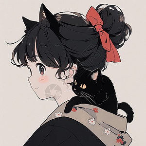 双丸子头扎丸子头微笑的可爱卡通小女孩在帽子中趴着一只黑色卡通小宠物猫插画