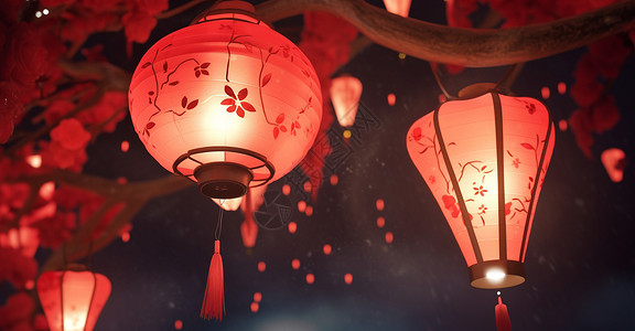 春节花灯喜庆的夜晚挂着很多漂亮的红色卡通灯笼插画