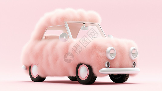 毛毛猴粉色毛毛立体可爱的卡通小汽车插画