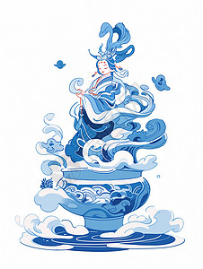 仙气飘飘的蓝色古风卡通美女在祥云间背景图片