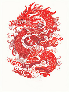 剪纸风龙年新年喜庆的红色民族剪纸风卡通龙插画