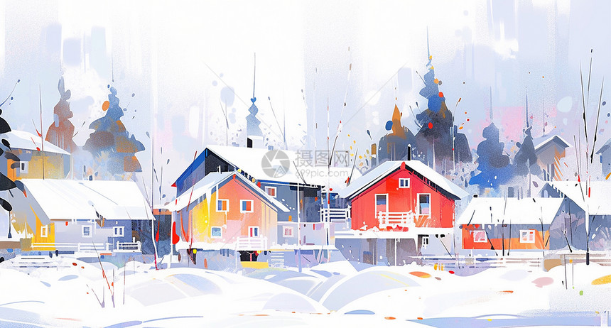 冬天雪后抽象漂亮的卡通小村庄图片