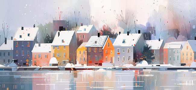 冬天河边一座美丽的卡通小村庄背景图片