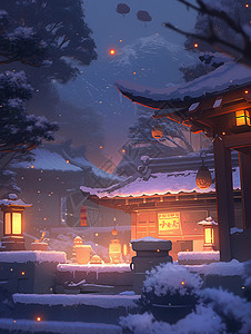 冬天雪夜山脚下灯火通明的古风卡通建筑背景图片