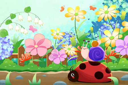 清新治愈春天惊蛰节气瓢虫蜗牛花卉插画背景图片